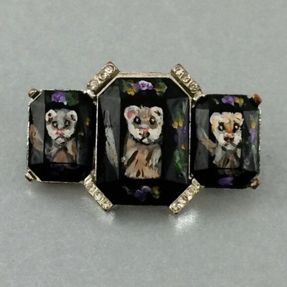 Hand-Painted Ferret Black Brooch Pin Silvertone Metal  Pet Artisan Polecat - Picture 1 of 16